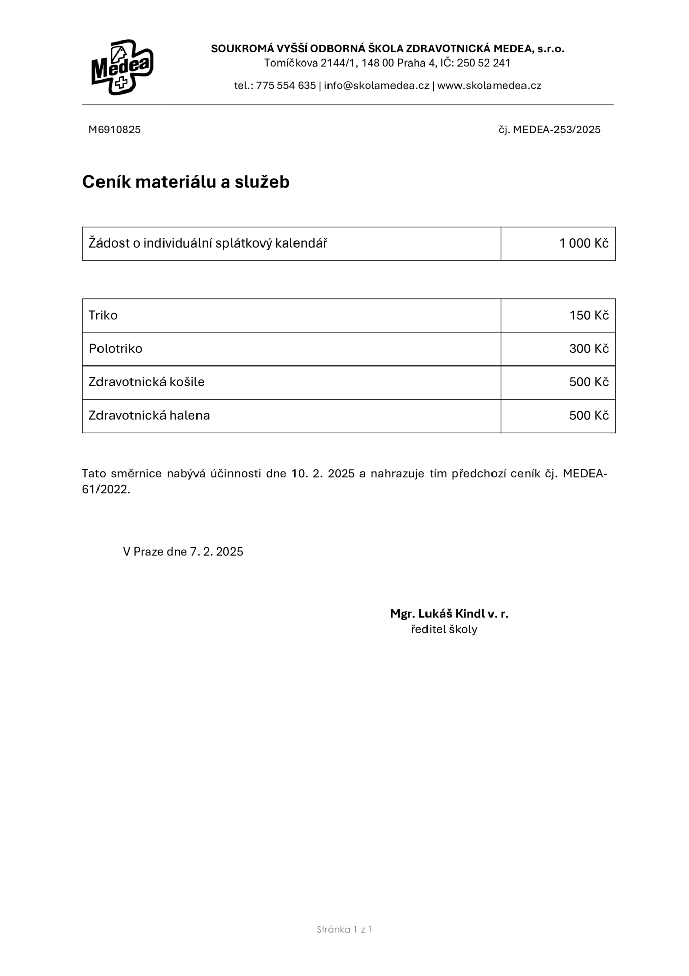 thumbnail of Směrnice – Ceník materiálu a služeb – MEDEA #253-2025