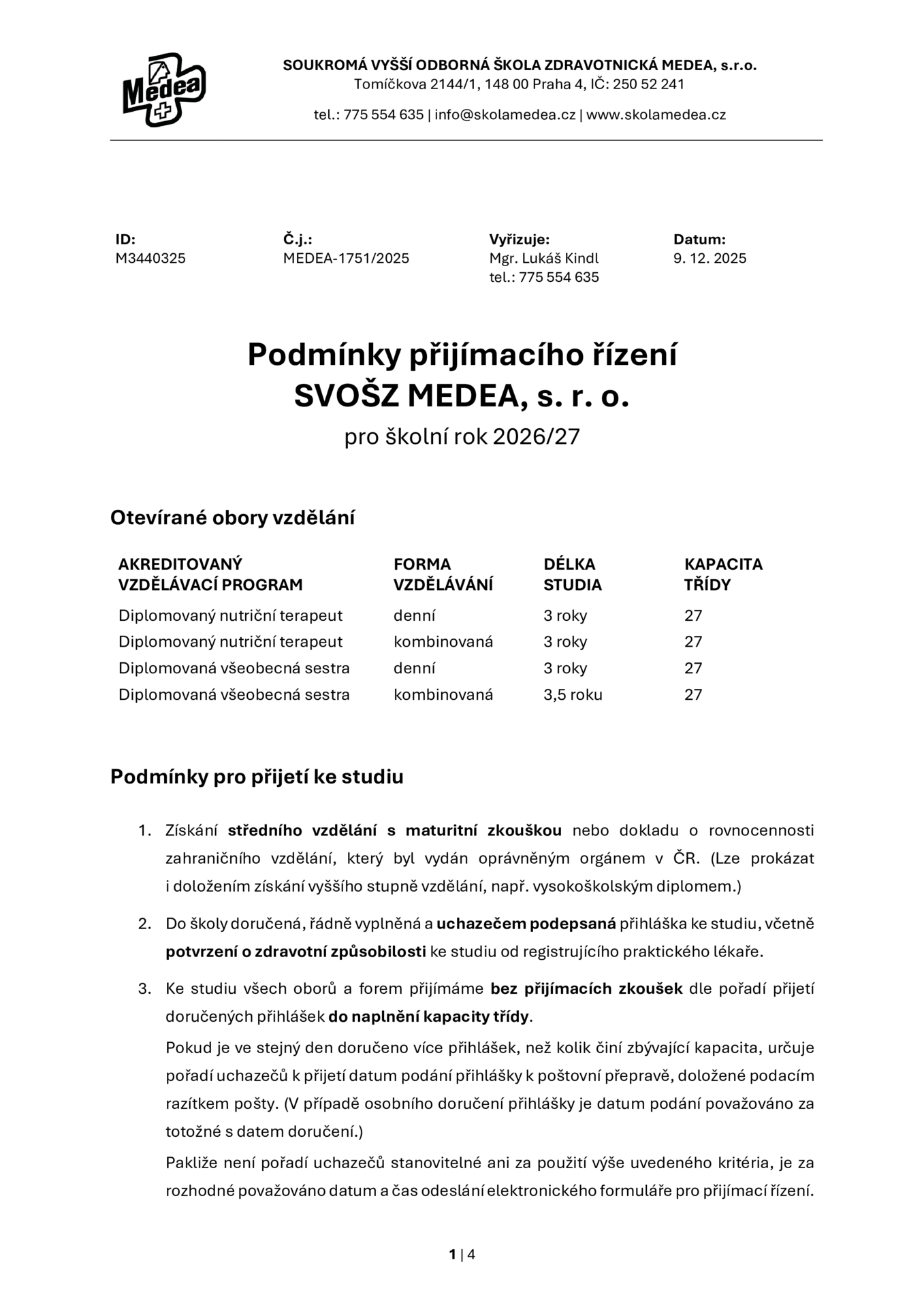 thumbnail of Oznámení – Podmínky přijímacího řízení pro školní rok 202627 – MEDEA #1751-2025_Část1